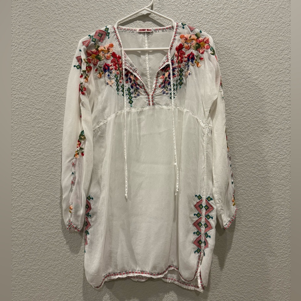 Johnny Was Embroidered Sheer White Tunic